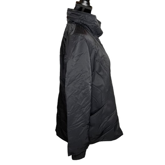 Eileen Fisher Jacket Womens Large Black Fleece Lined Removable Hood High Neck - Picture 9 of 16